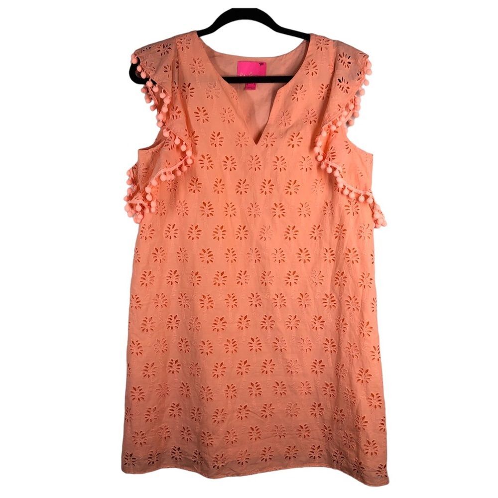 Lilly Pulitzer Astara Eyelet Pom Pom Sleeve Dress Orange Palm Trees Size Medium